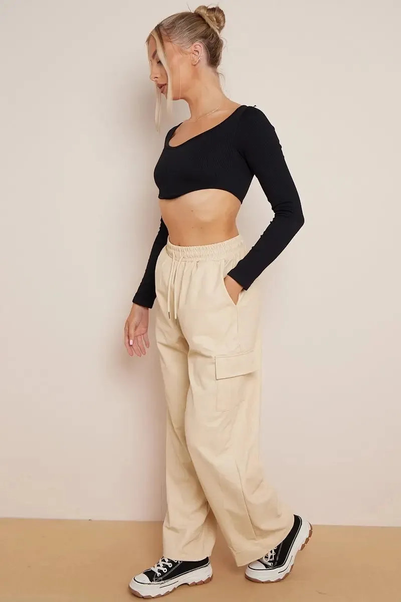 Black Wide Leg Pockets PU Cargo Pants