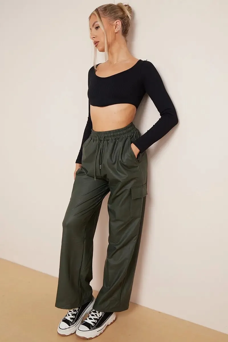 Black Wide Leg Pockets PU Cargo Pants