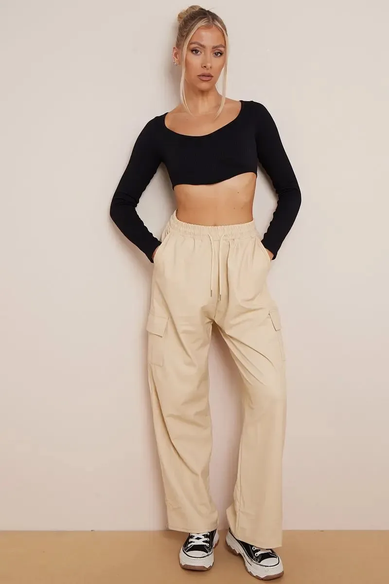 Black Wide Leg Pockets PU Cargo Pants