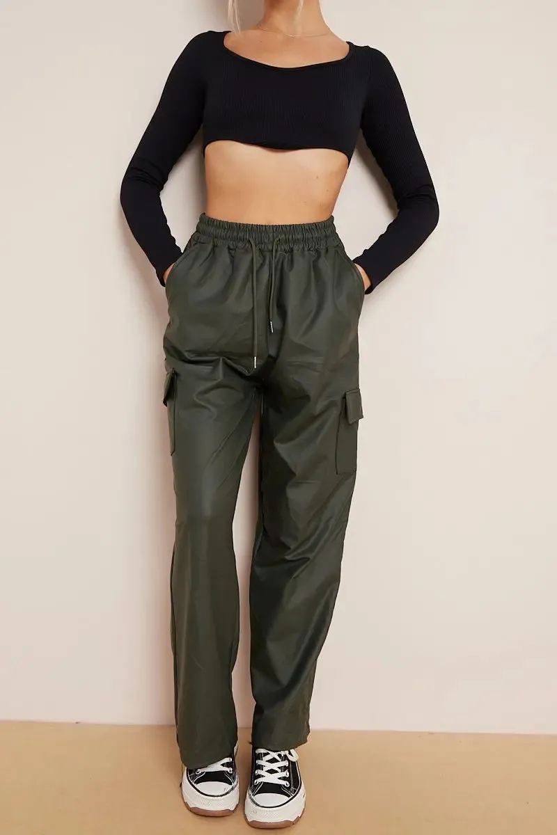 Black Wide Leg Pockets PU Cargo Pants