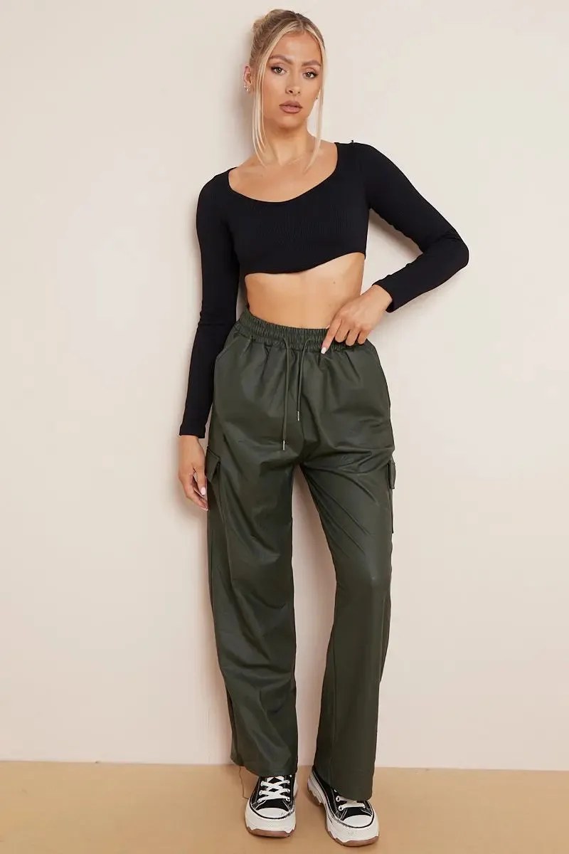 Black Wide Leg Pockets PU Cargo Pants