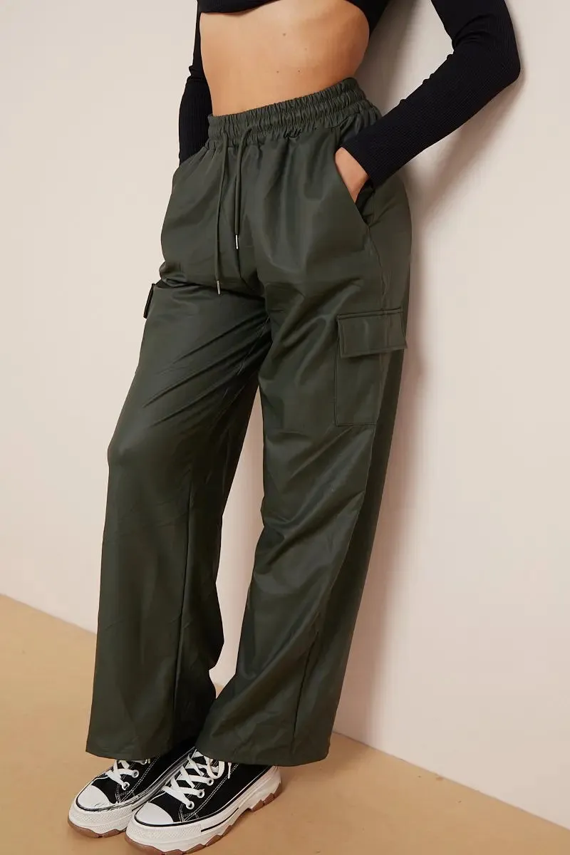 Black Wide Leg Pockets PU Cargo Pants