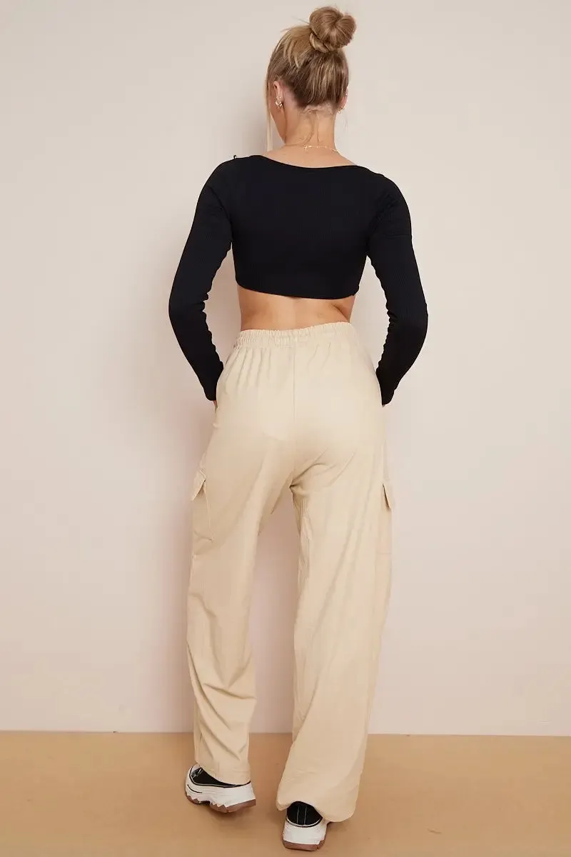 Black Wide Leg Pockets PU Cargo Pants