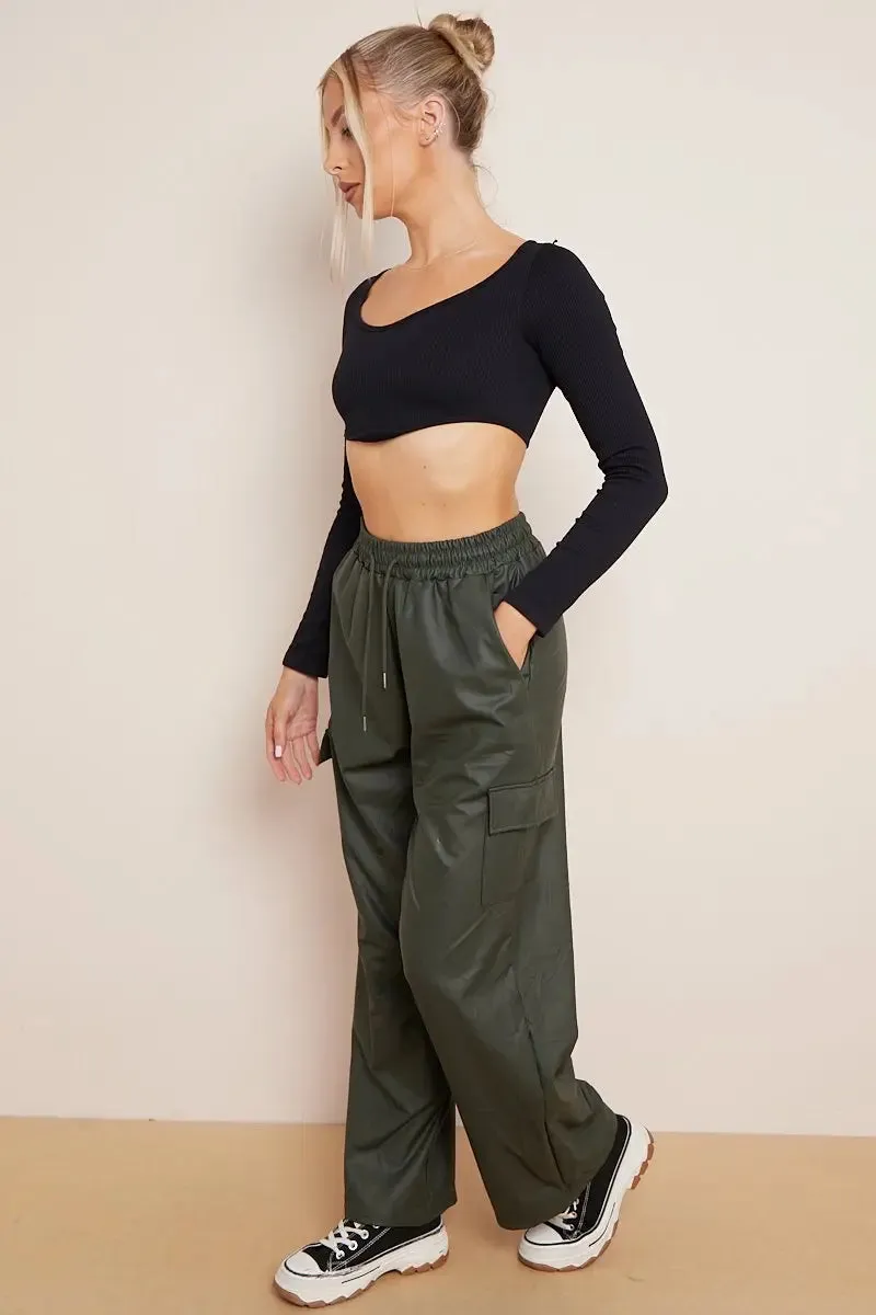 Black Wide Leg Pockets PU Cargo Pants
