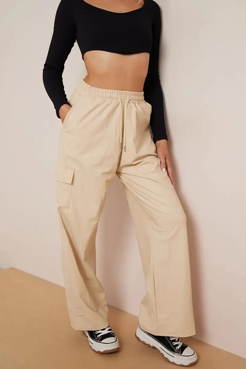 Black Wide Leg Pockets PU Cargo Pants
