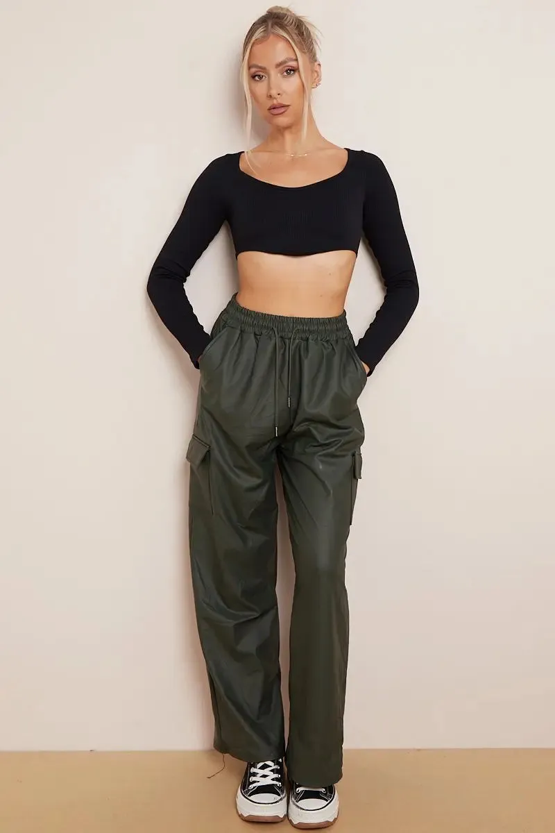 Black Wide Leg Pockets PU Cargo Pants