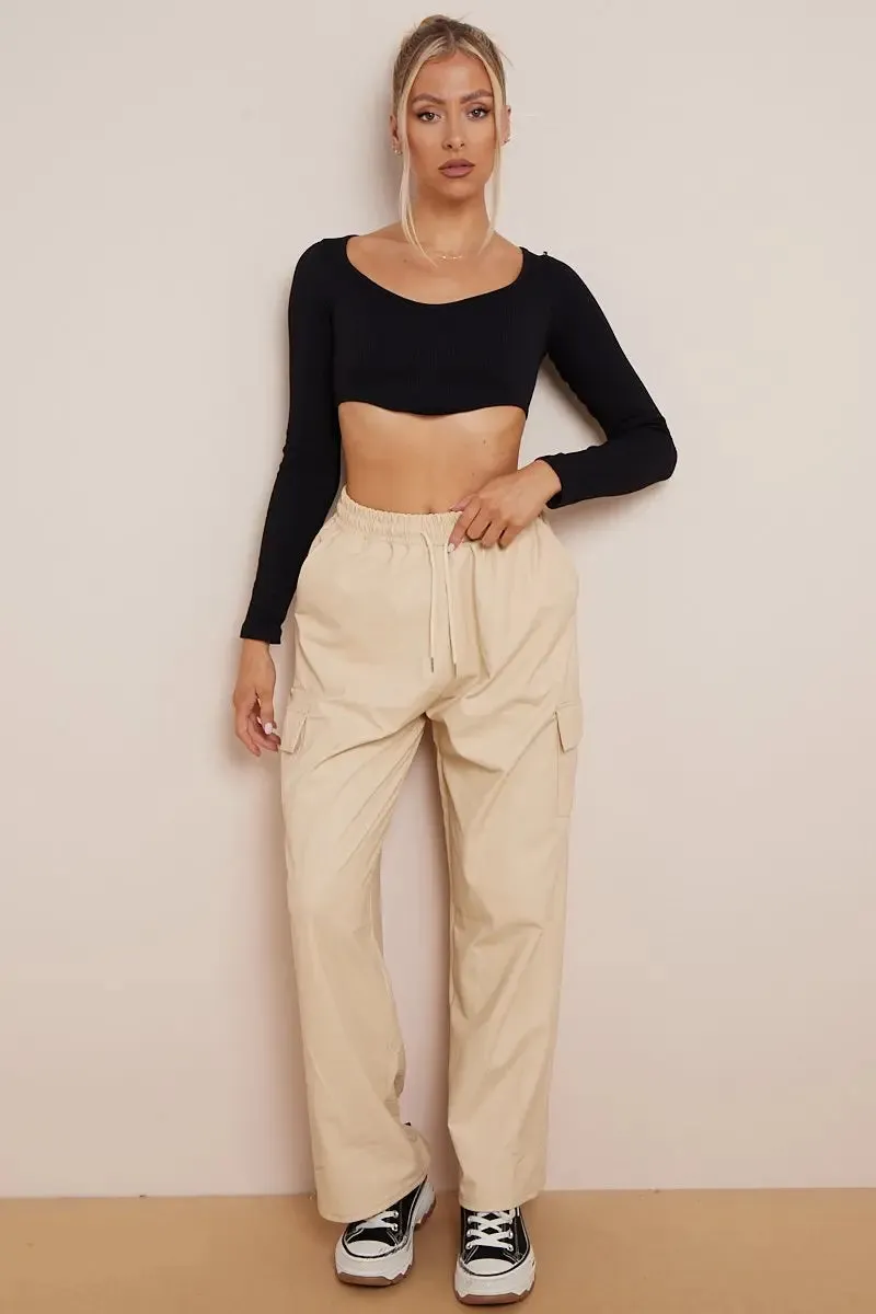 Black Wide Leg Pockets PU Cargo Pants