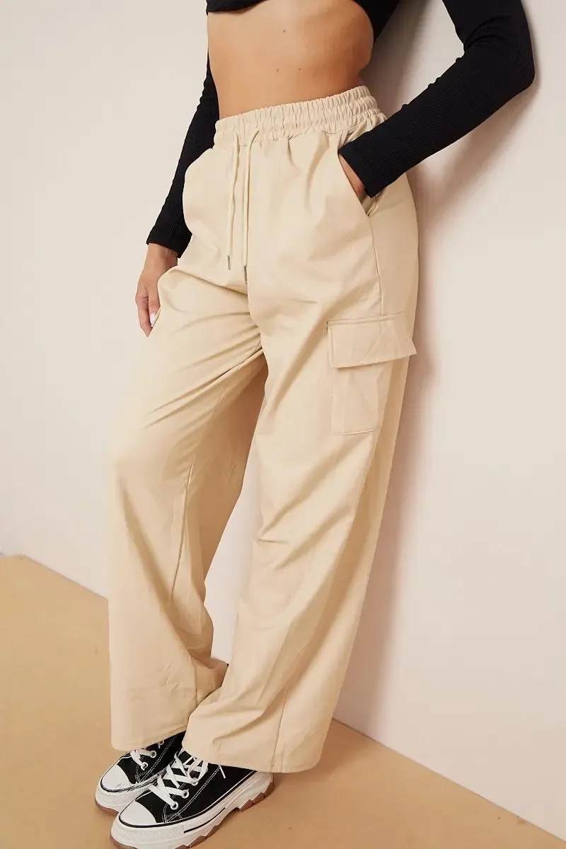 Black Wide Leg Pockets PU Cargo Pants