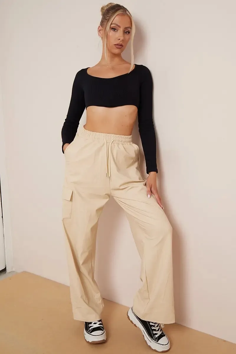 Black Wide Leg Pockets PU Cargo Pants