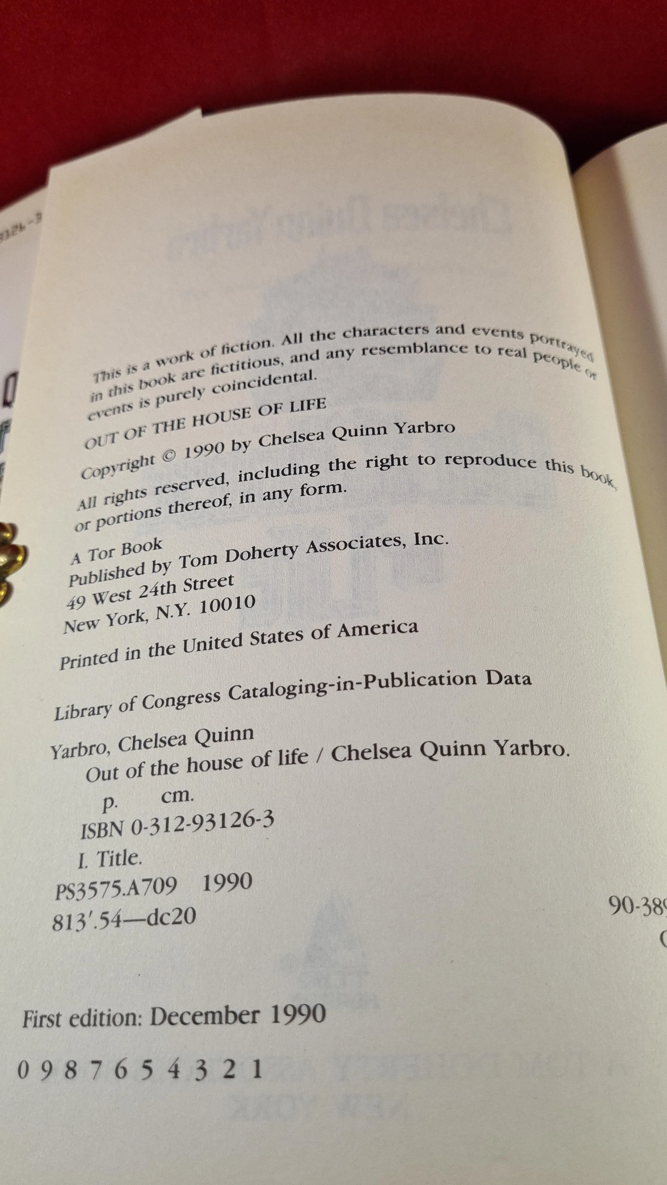 Chelsea Quinn Yarbro - Out of the House of Life, TOR Horror, 1990, First Edition