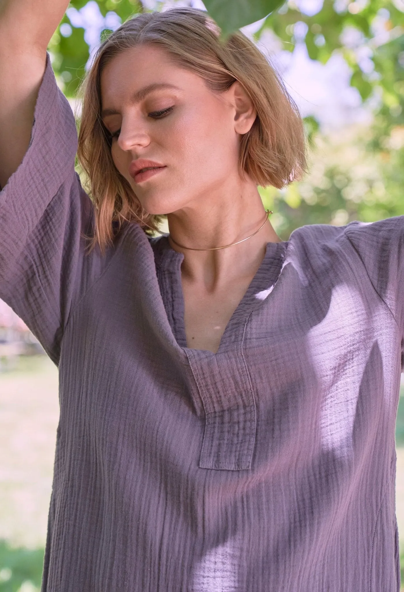 Desert Amethyst Short Gauze Tunic Dress with Pockets
