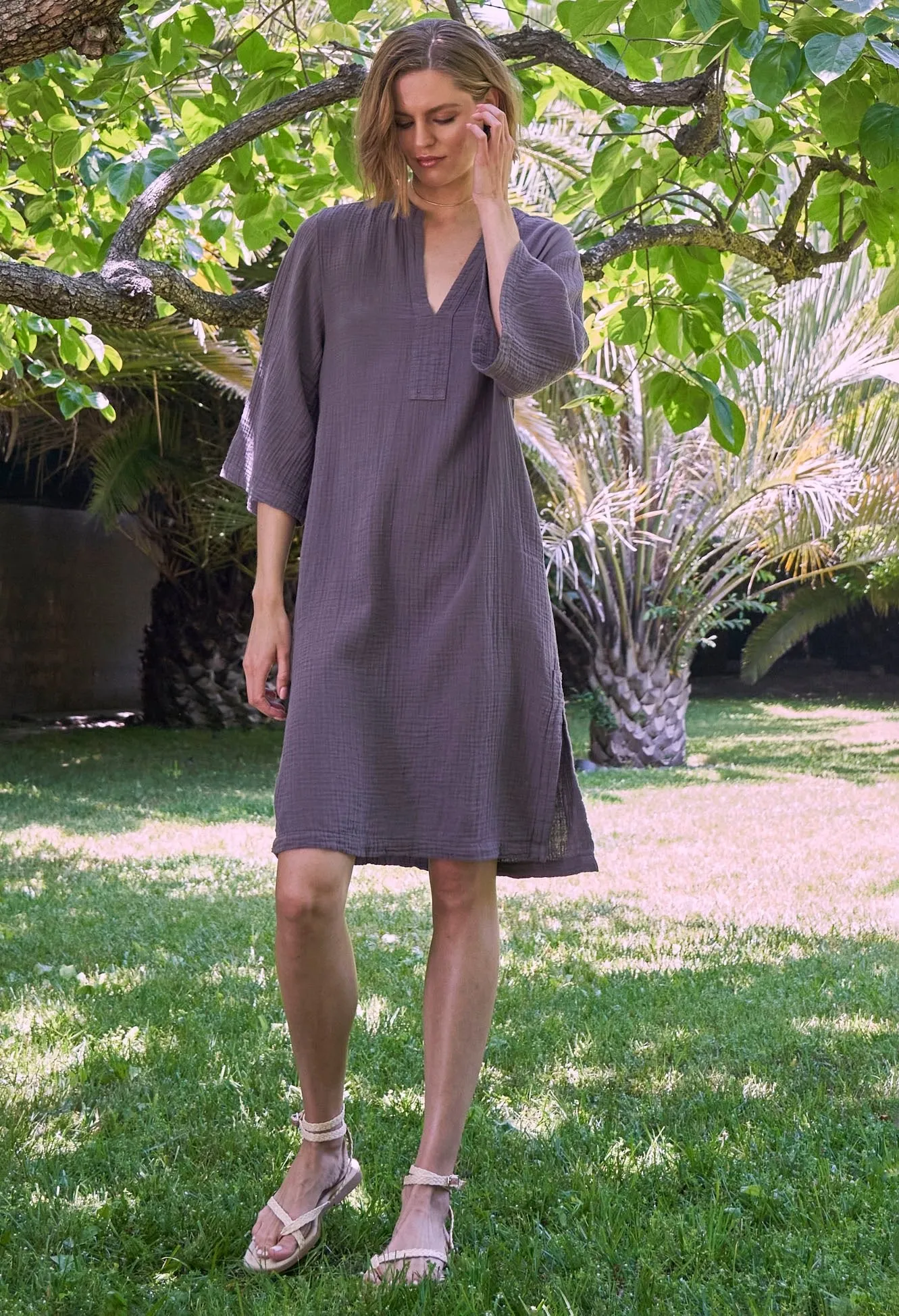Desert Amethyst Short Gauze Tunic Dress with Pockets