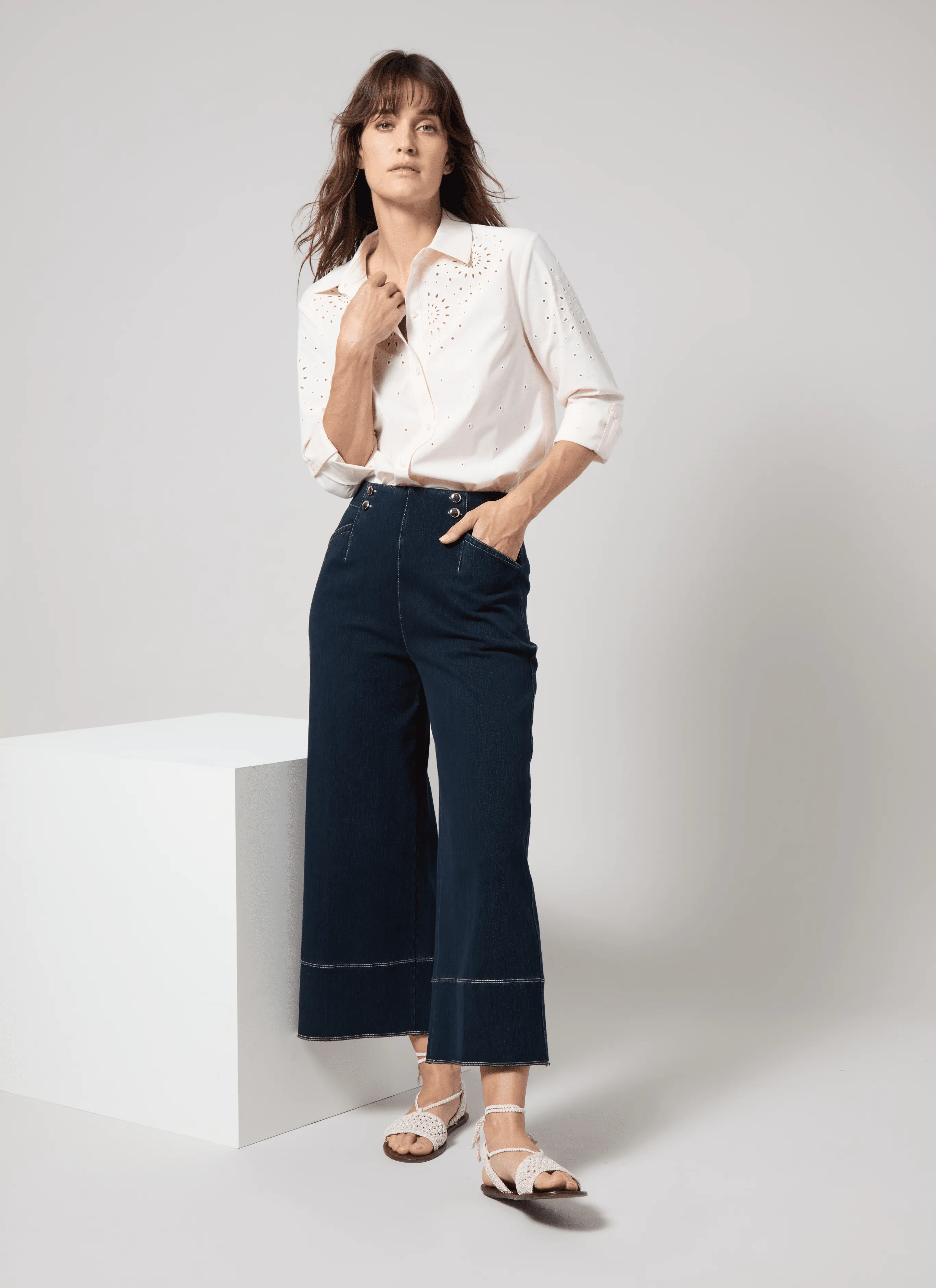 Dion Sailor Crop Palazzo Denim (25" Inseam)