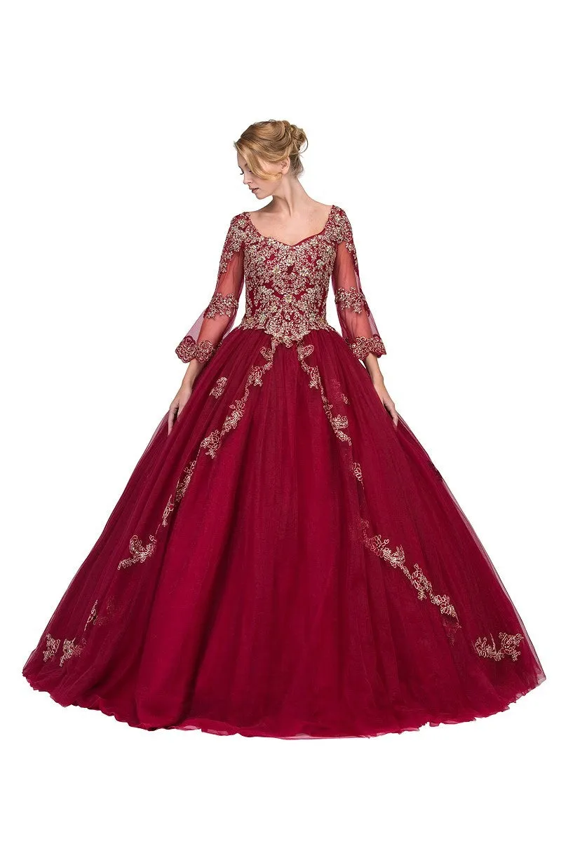 Eureka 4188 Appliqued Long Quinceanera Dress Bell Sleeves