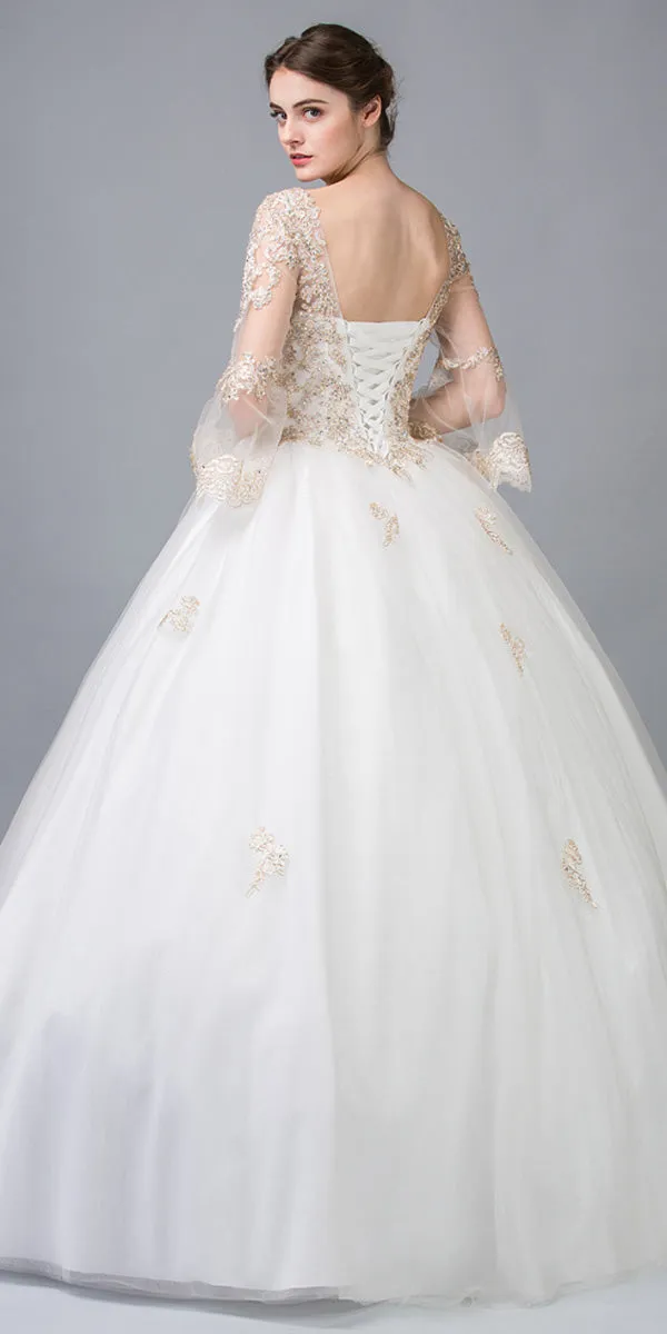 Eureka 4188 Appliqued Long Quinceanera Dress Bell Sleeves