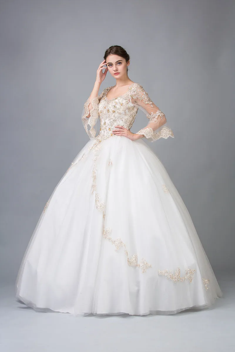 Eureka 4188 Appliqued Long Quinceanera Dress Bell Sleeves