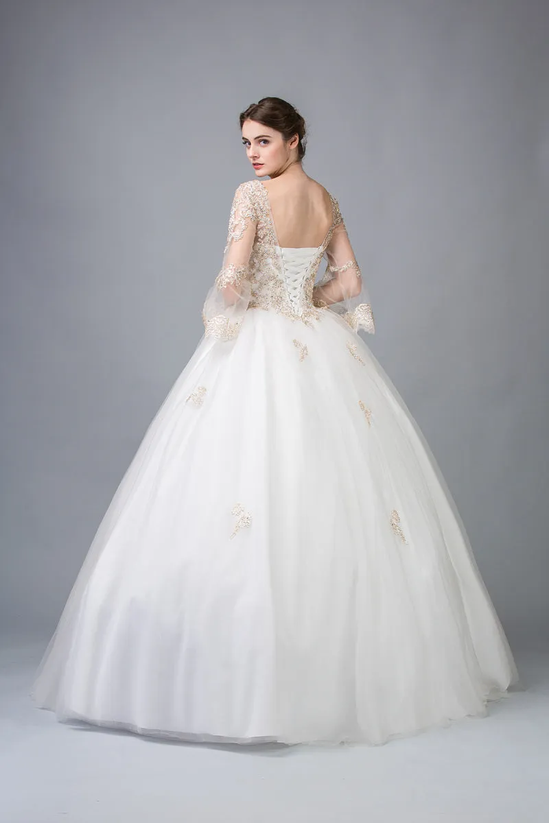 Eureka 4188 Appliqued Long Quinceanera Dress Bell Sleeves