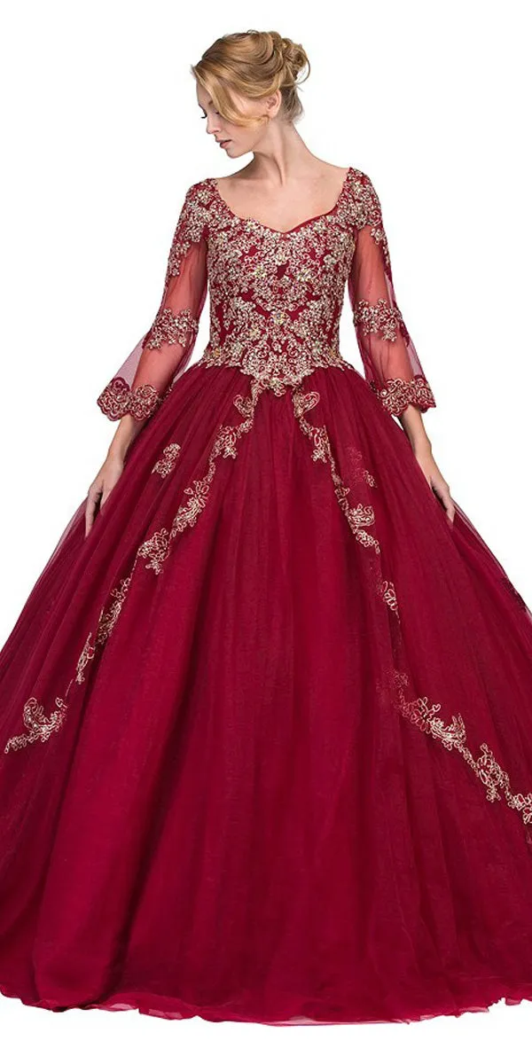 Eureka 4188 Appliqued Long Quinceanera Dress Bell Sleeves