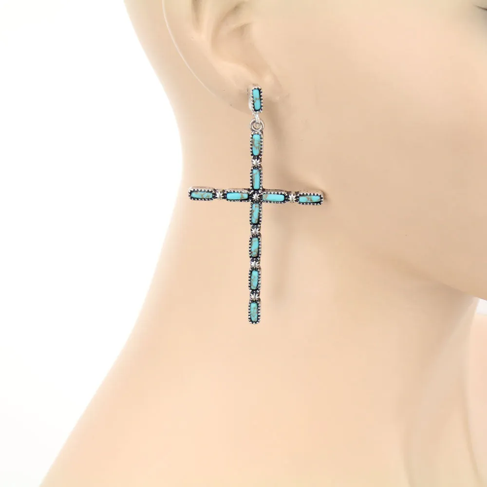 Fashion Turquoise Cross Post Earrings - 3"