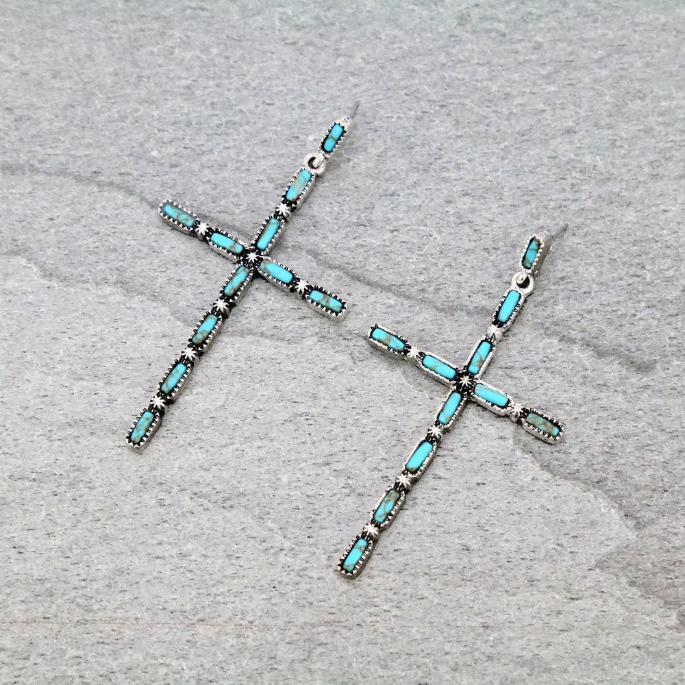 Fashion Turquoise Cross Post Earrings - 3"
