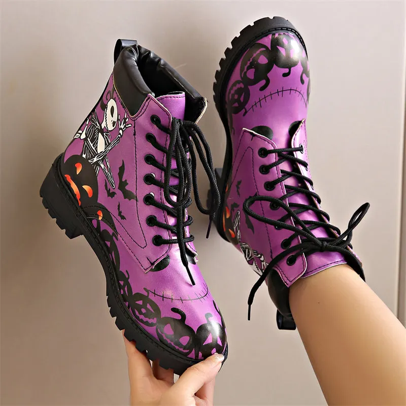 Halloween Element Printed Women's Lace-up Round Toe Martin Boots