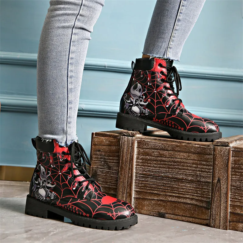 Halloween Element Printed Women's Lace-up Round Toe Martin Boots