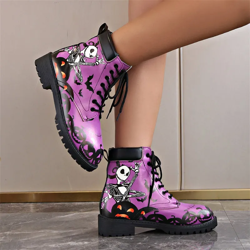 Halloween Element Printed Women's Lace-up Round Toe Martin Boots