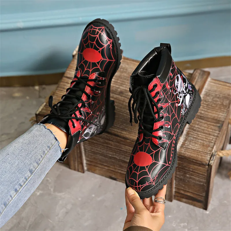 Halloween Element Printed Women's Lace-up Round Toe Martin Boots