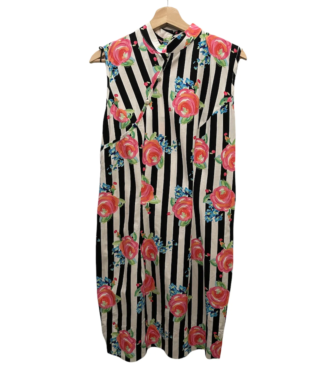 JBAIT EDGY BLACK WHITE STRIPES HANDMADE MODERN COTTON CHEONGSAM