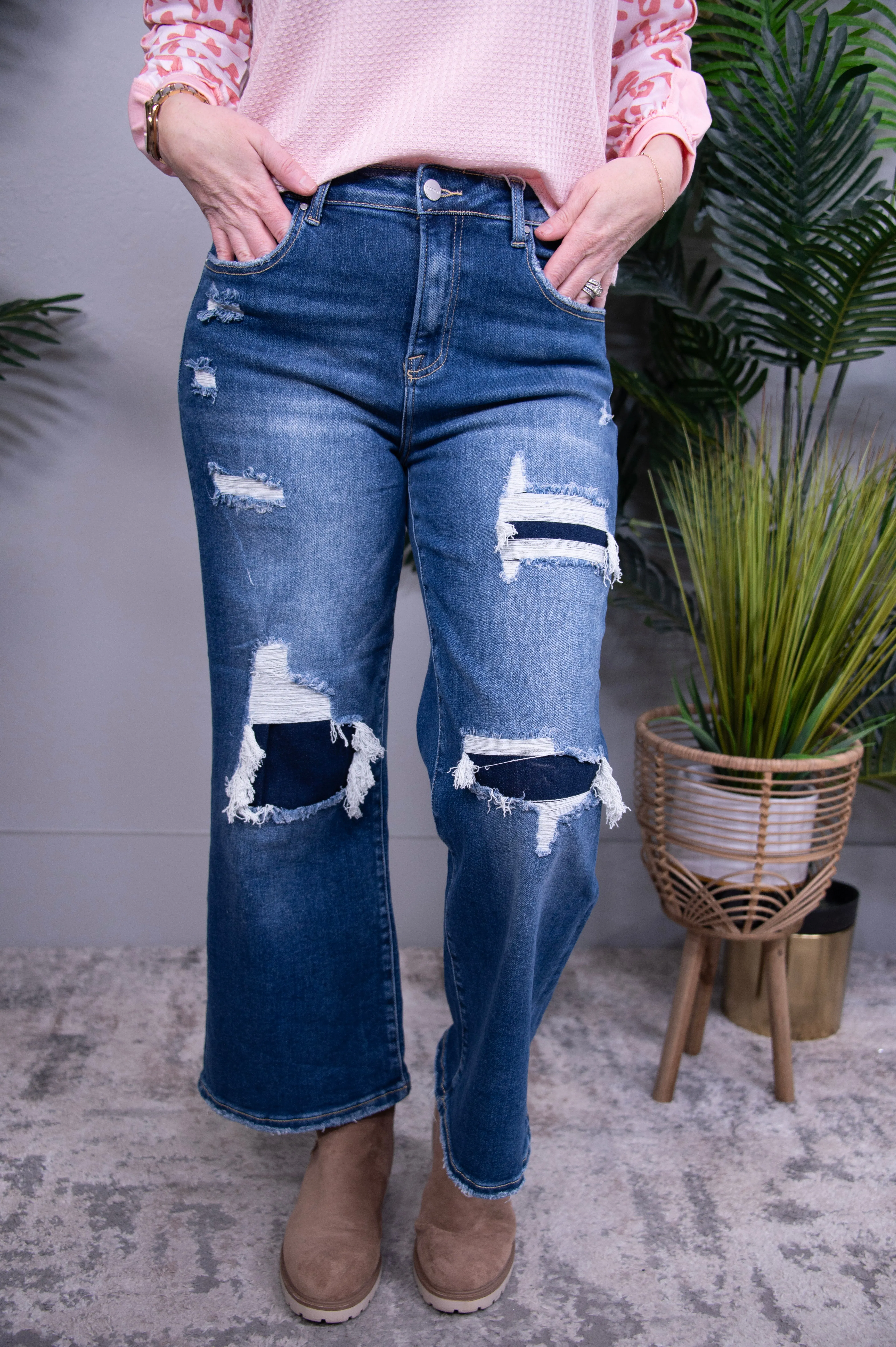 Jordan High Rise Patch Detailed Wide Leg Crop Jeans