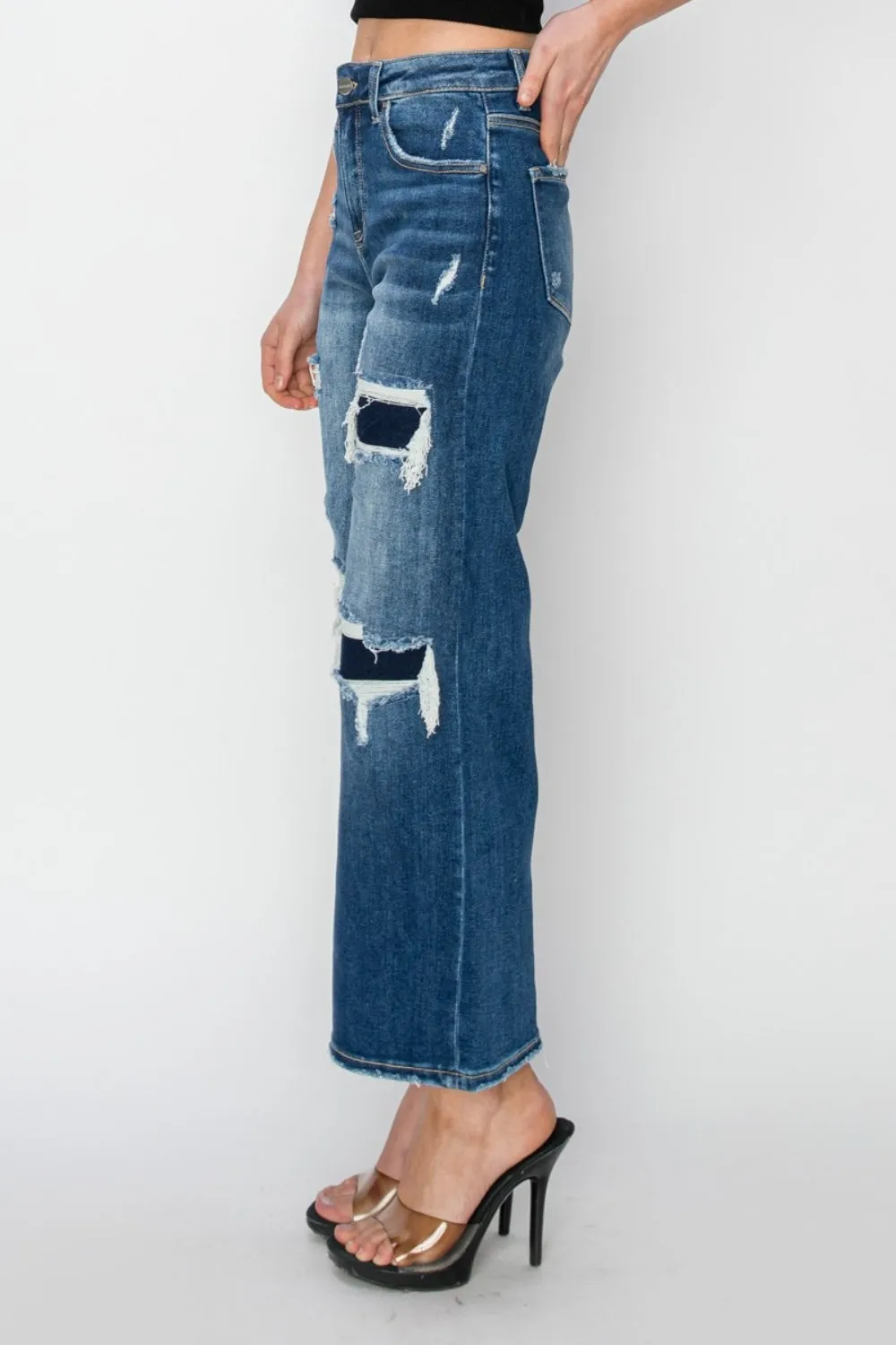 Jordan High Rise Patch Detailed Wide Leg Crop Jeans