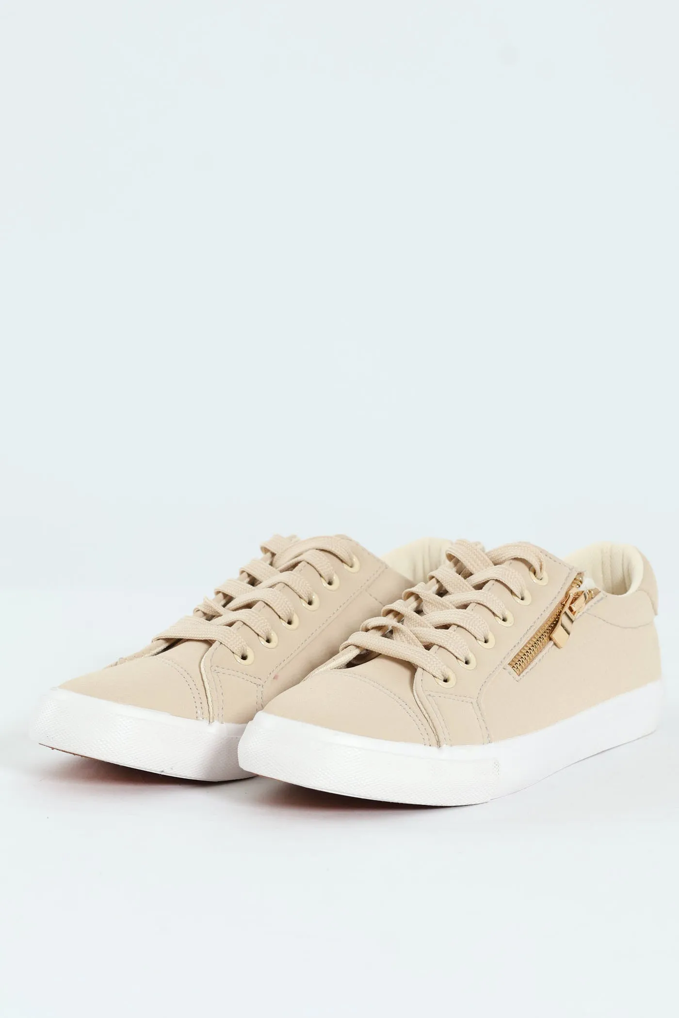 Lace Up Textured Sneaker With Zip - Stone