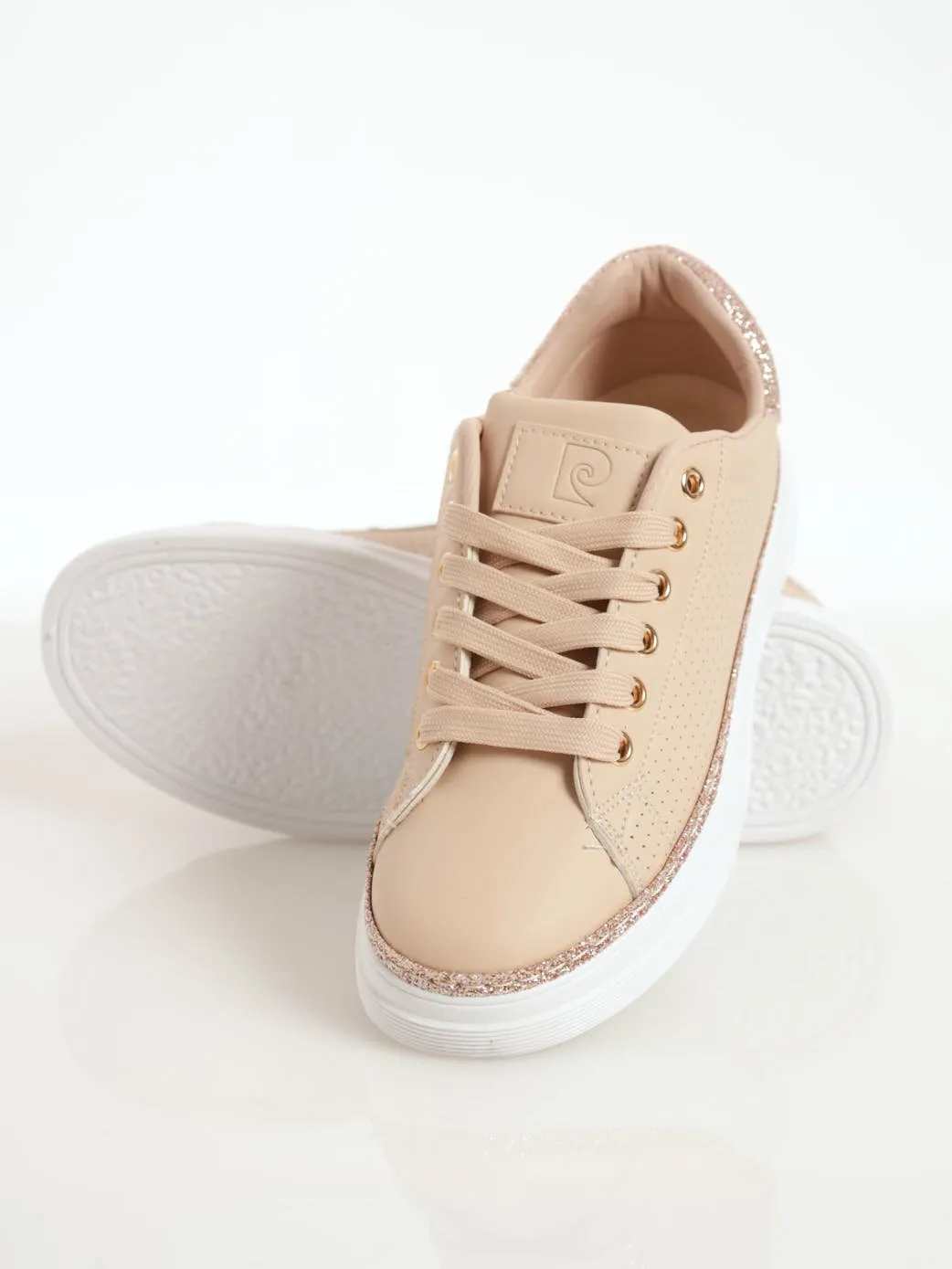 Ladies Glitter PU Lace-Up Sneaker - Beige