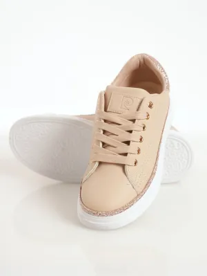Ladies Glitter PU Lace-Up Sneaker - Beige
