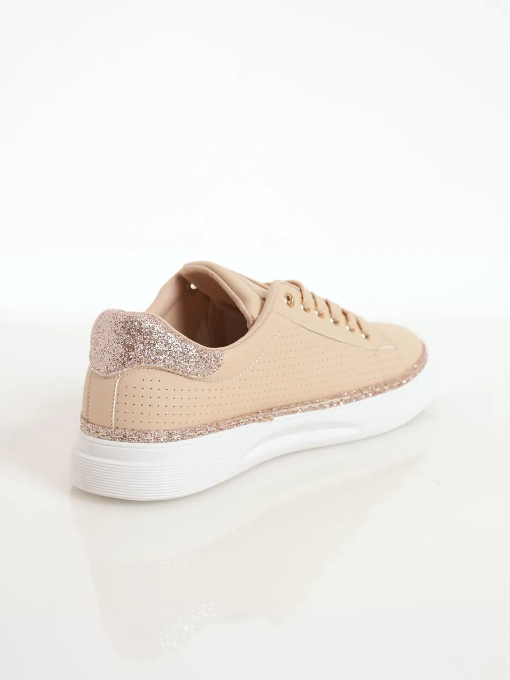 Ladies Glitter PU Lace-Up Sneaker - Beige
