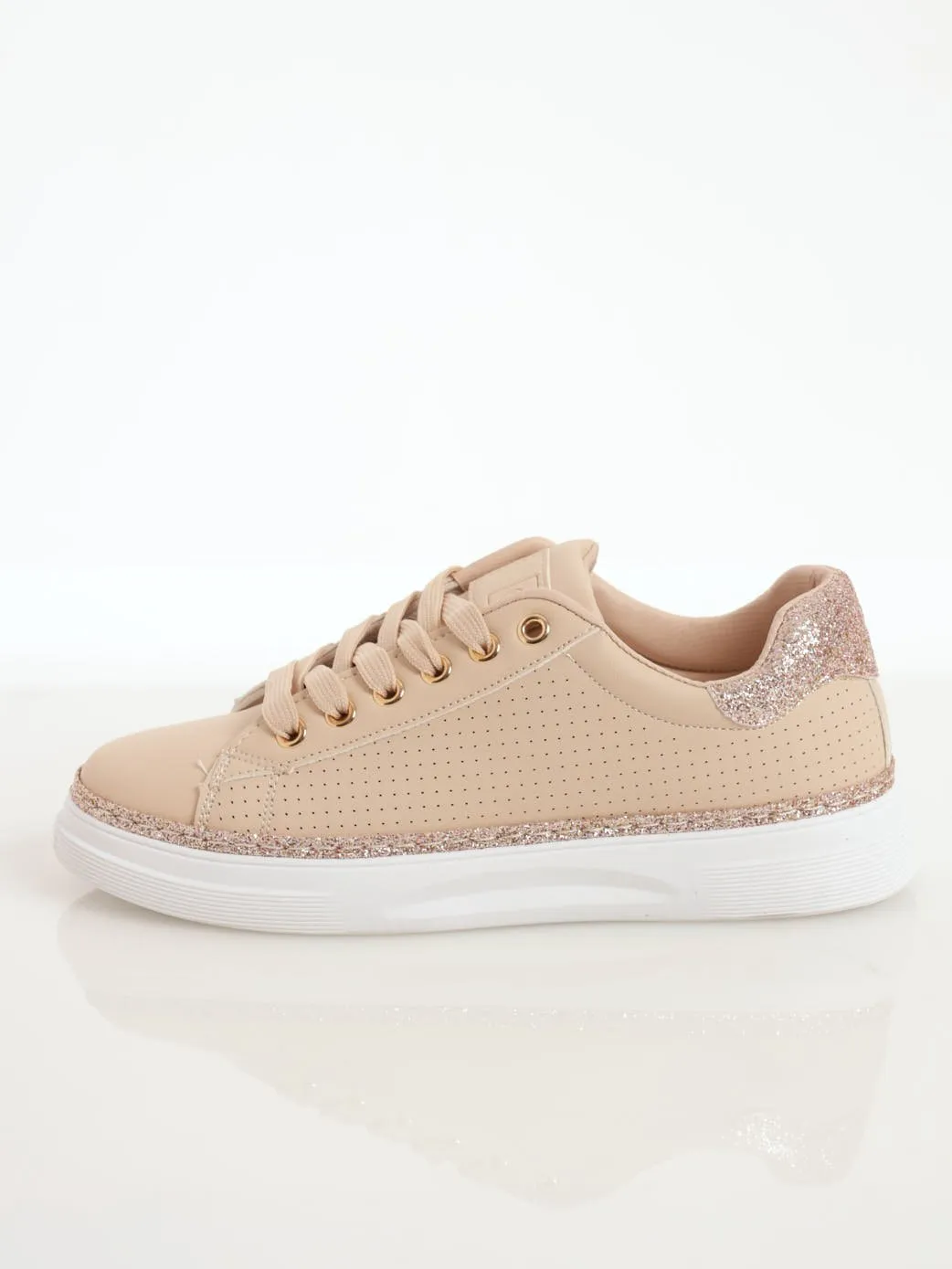 Ladies Glitter PU Lace-Up Sneaker - Beige