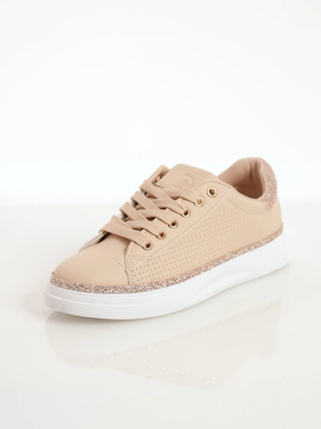 Ladies Glitter PU Lace-Up Sneaker - Beige