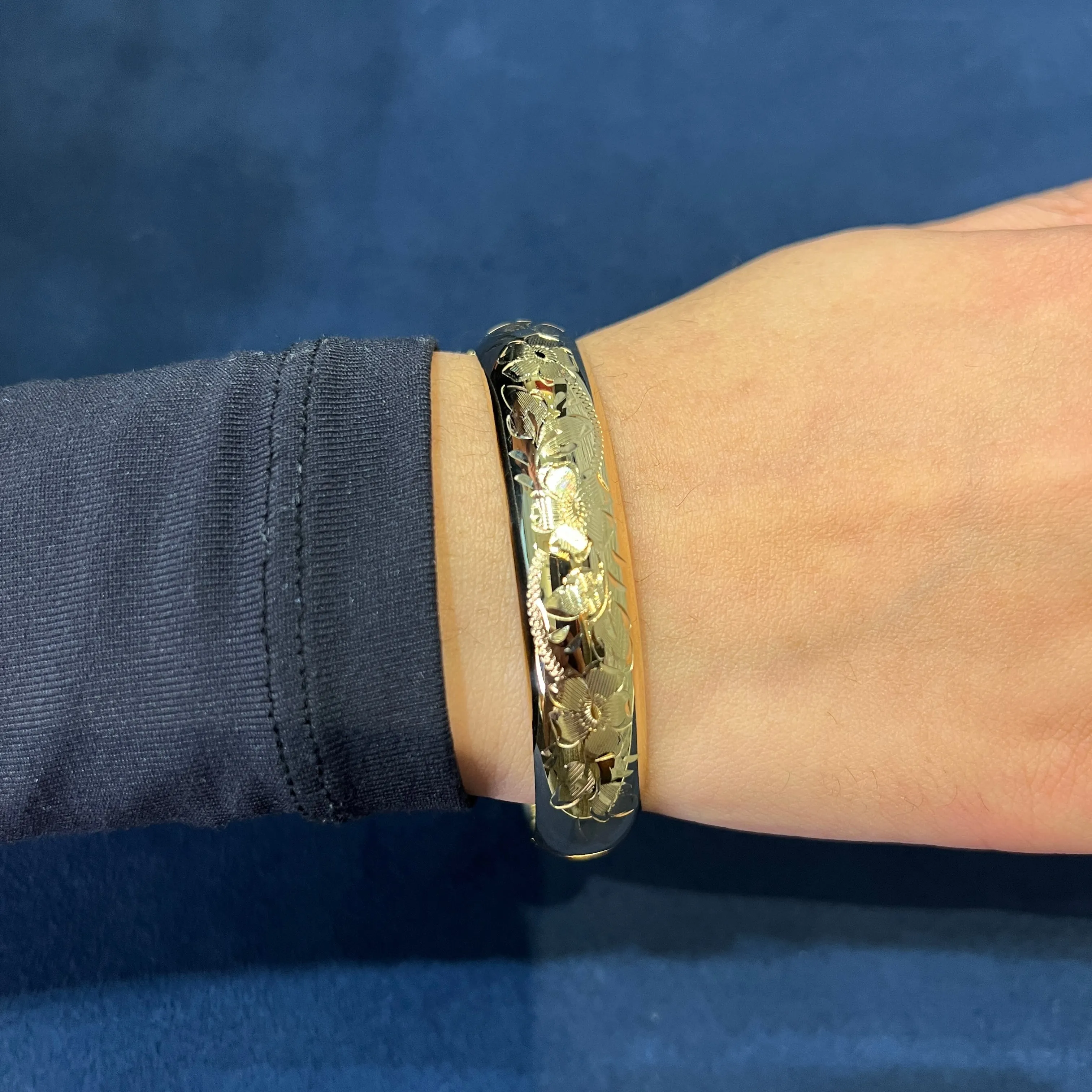 Marathon Sterling Silver (12mm) 14K Gold Filled Hinged Hand Engraved Bangle