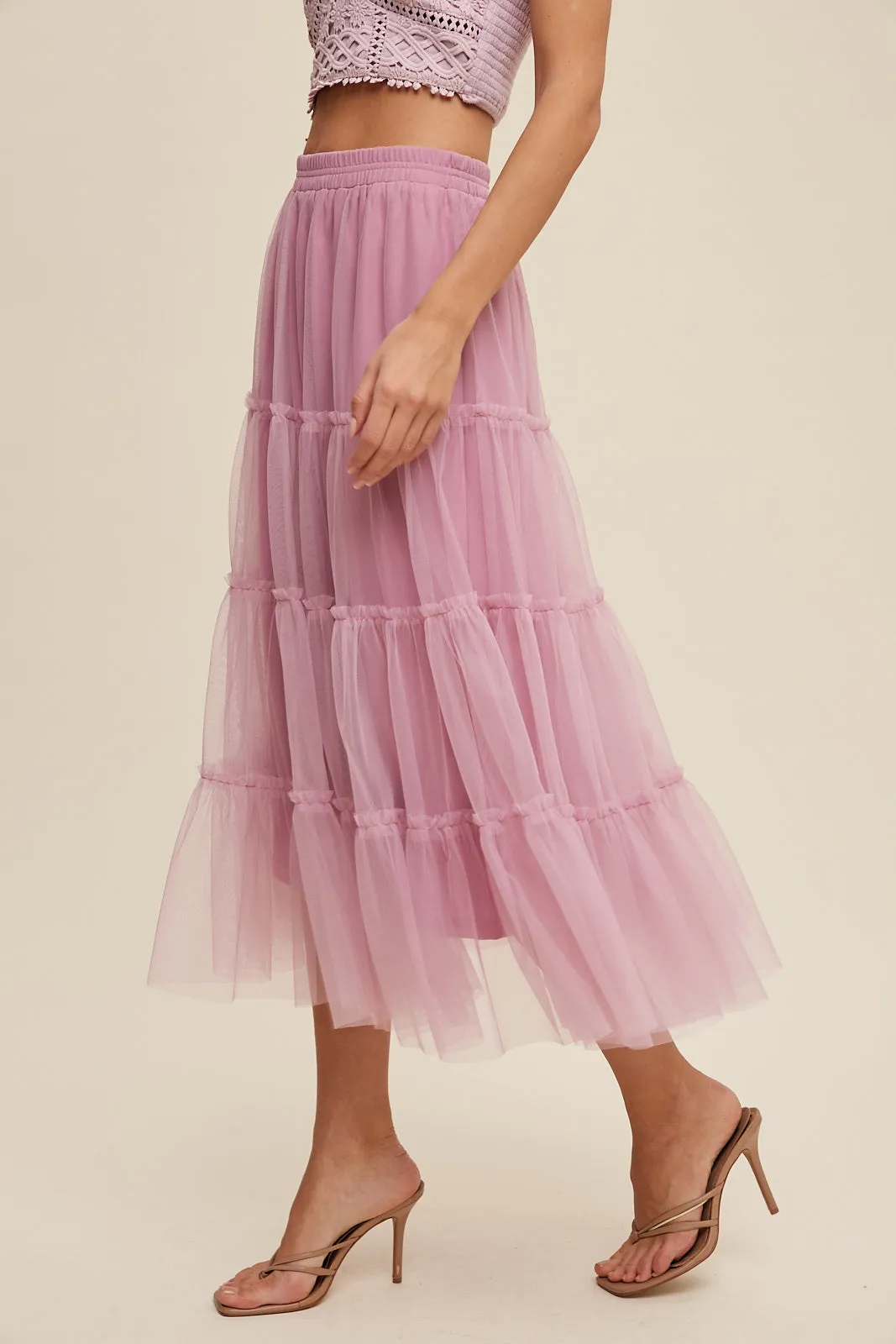 Mauve Tiered Elastic Waist Maxi Skirt