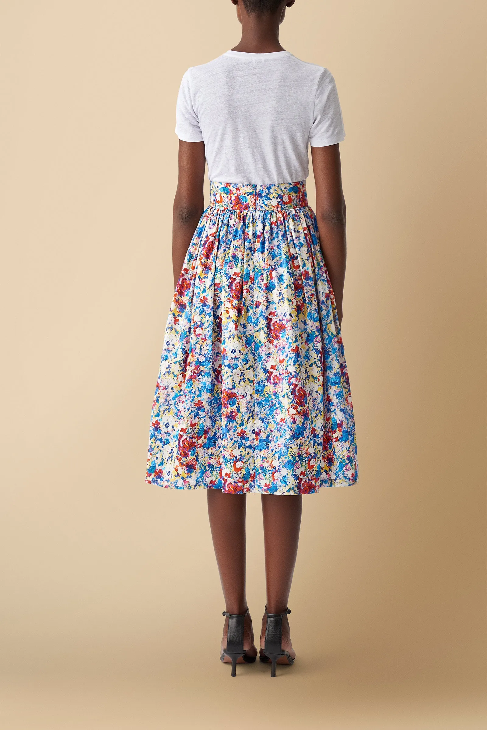 Njeri Floral Printed Midi Skirt in Cotton Poplin in Blue