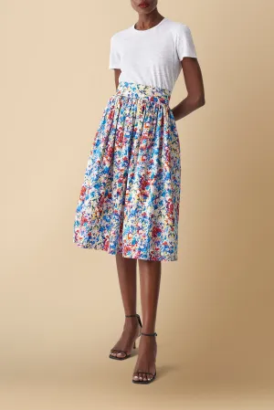Njeri Floral Printed Midi Skirt in Cotton Poplin in Blue