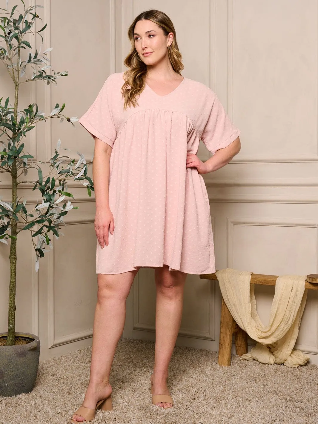 PLUS SIZE SHORT SLEEVE V-NECK SWISS DOTS TUNIC MINI DRESS