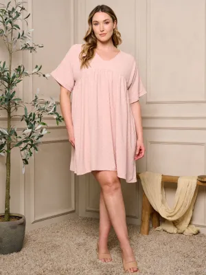 PLUS SIZE SHORT SLEEVE V-NECK SWISS DOTS TUNIC MINI DRESS