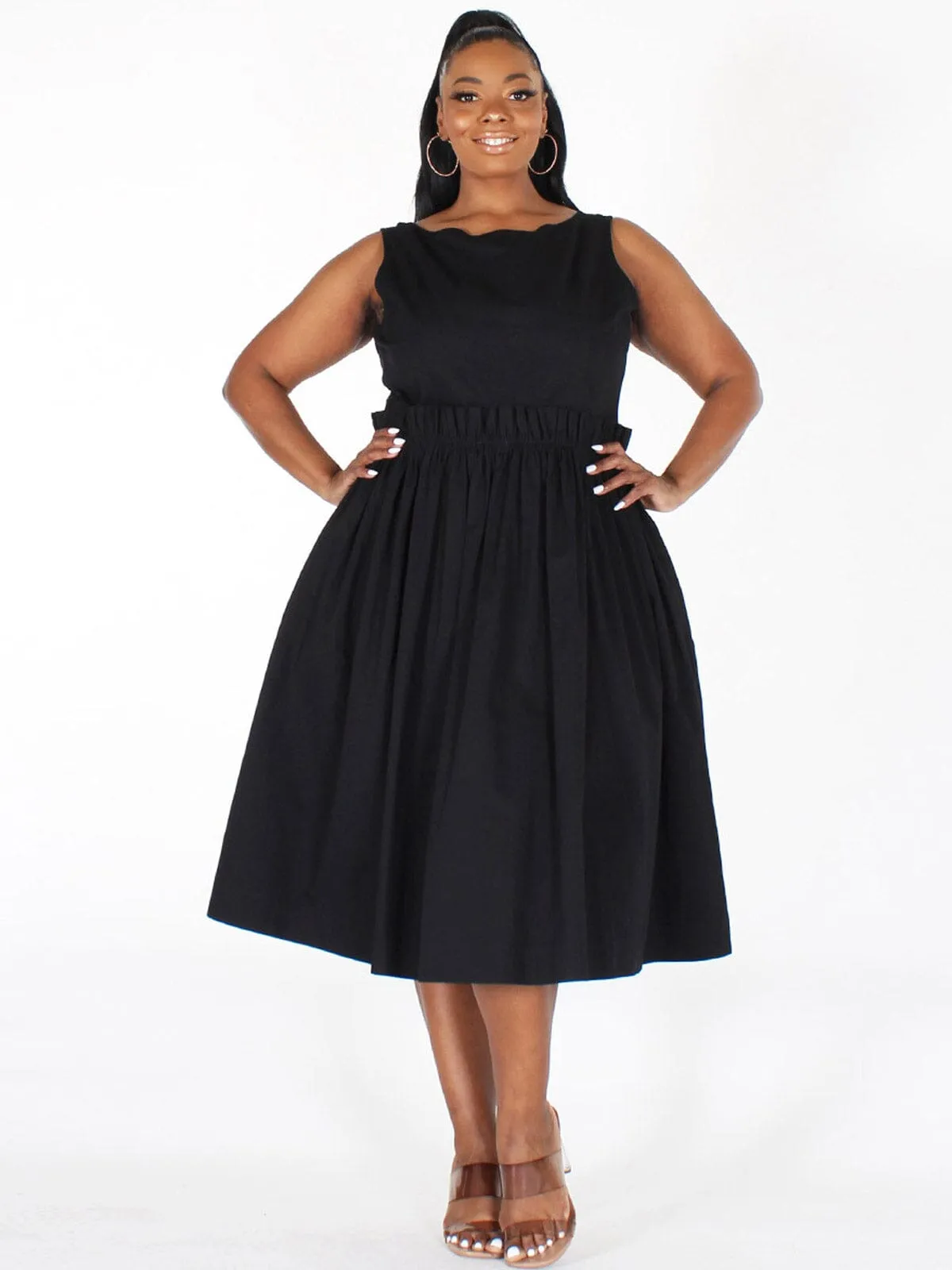 PLUS SIZE SLEEVELESS BACK BUTTON UP POCKETS FIT & FLARE MIDI DRESS