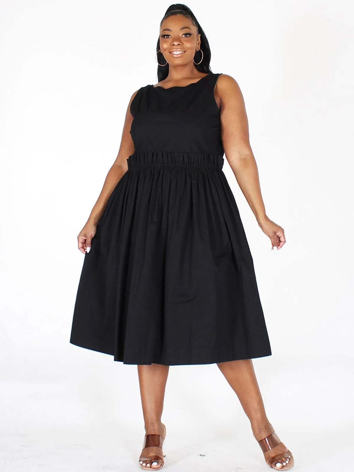PLUS SIZE SLEEVELESS BACK BUTTON UP POCKETS FIT & FLARE MIDI DRESS