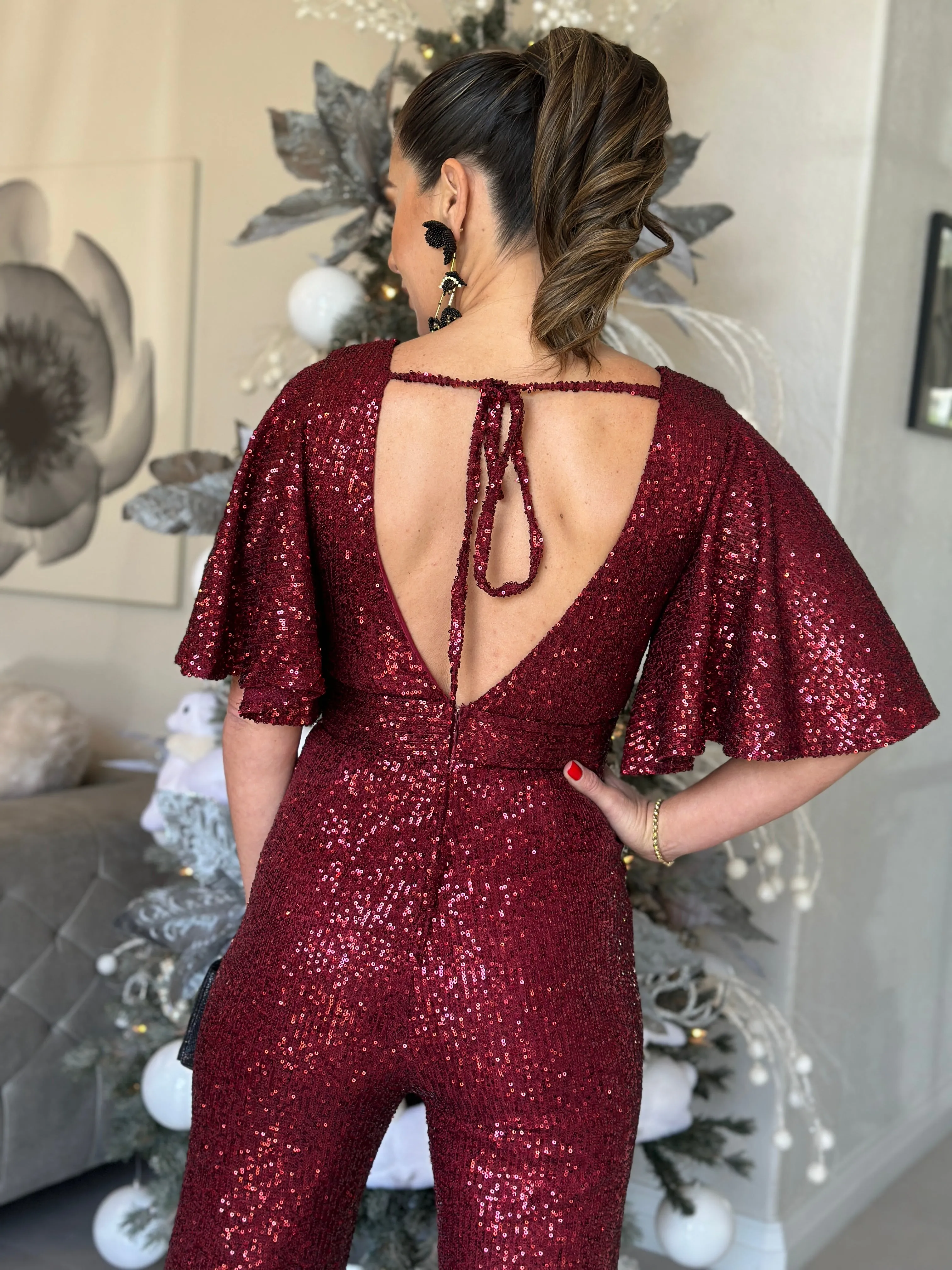"Alexia" Ruffle Sleeve V-Neck Backless Jumpsuit