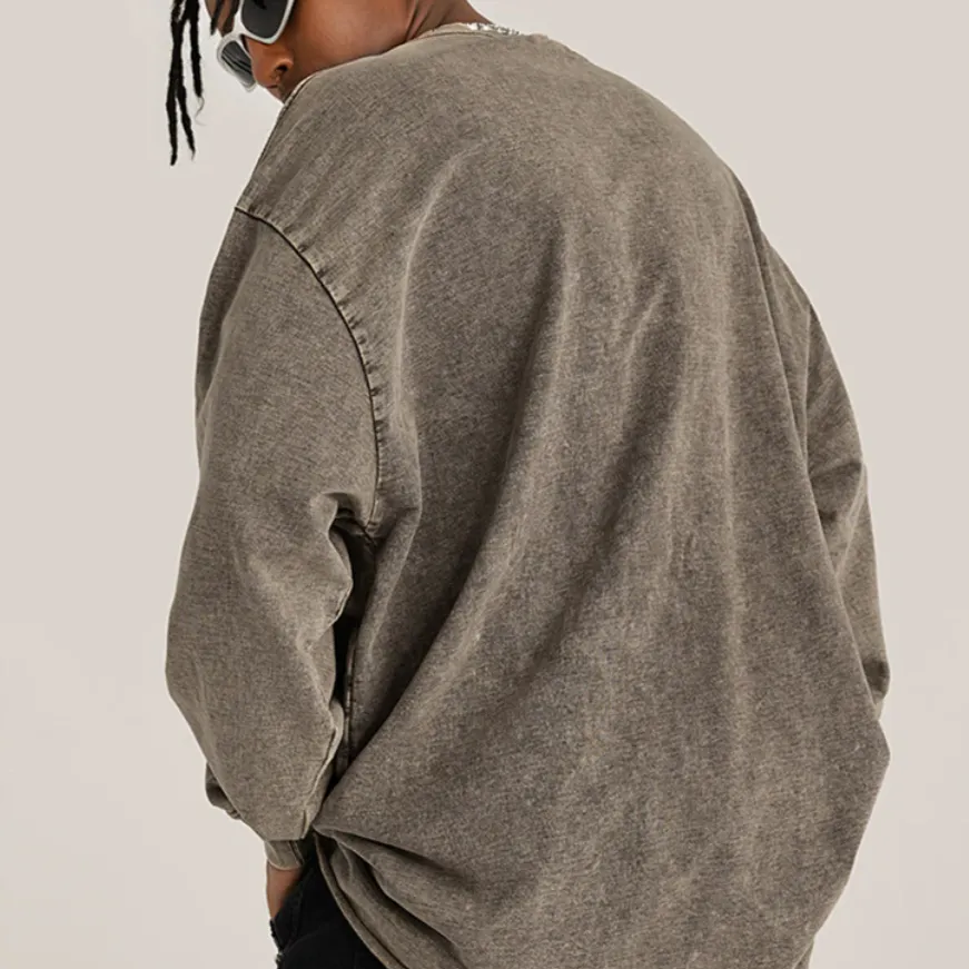 "DLVD" T-shirt Manches longues Molletonné Délavé Marron Gris - URB1™