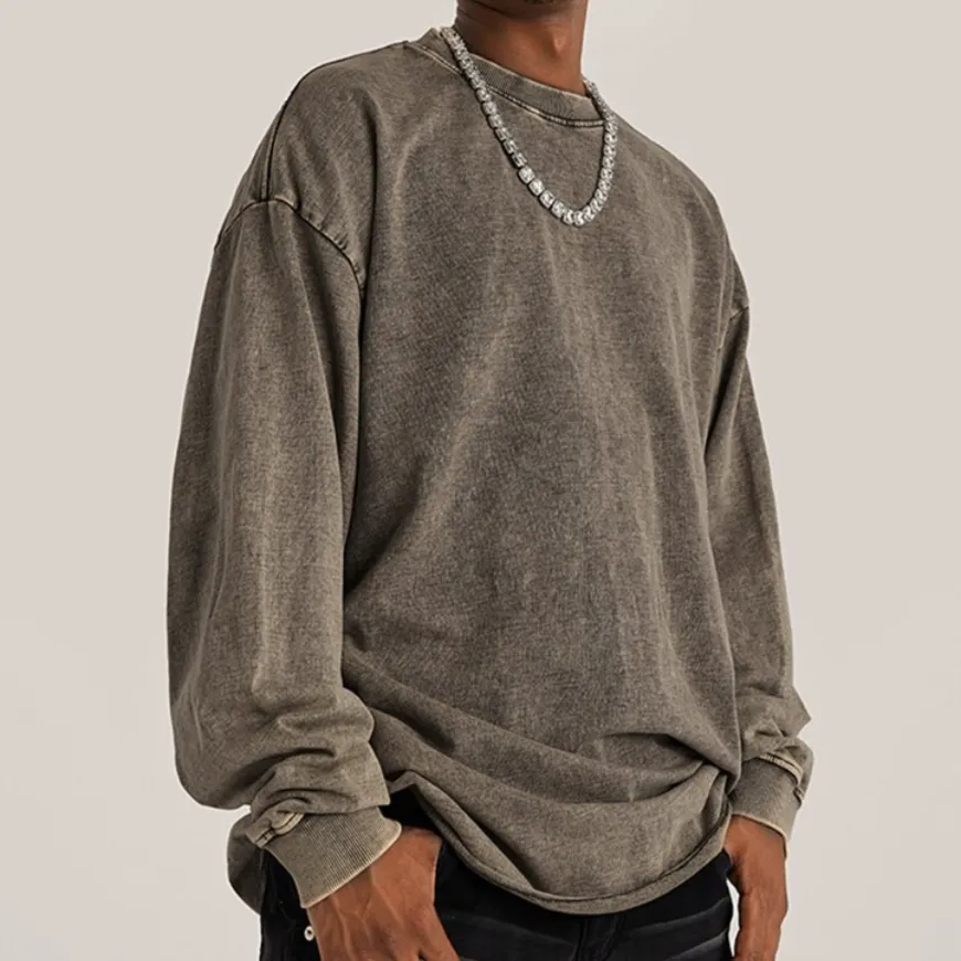 "DLVD" T-shirt Manches longues Molletonné Délavé Marron Gris - URB1™