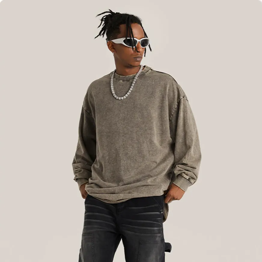 "DLVD" T-shirt Manches longues Molletonné Délavé Marron Gris - URB1™