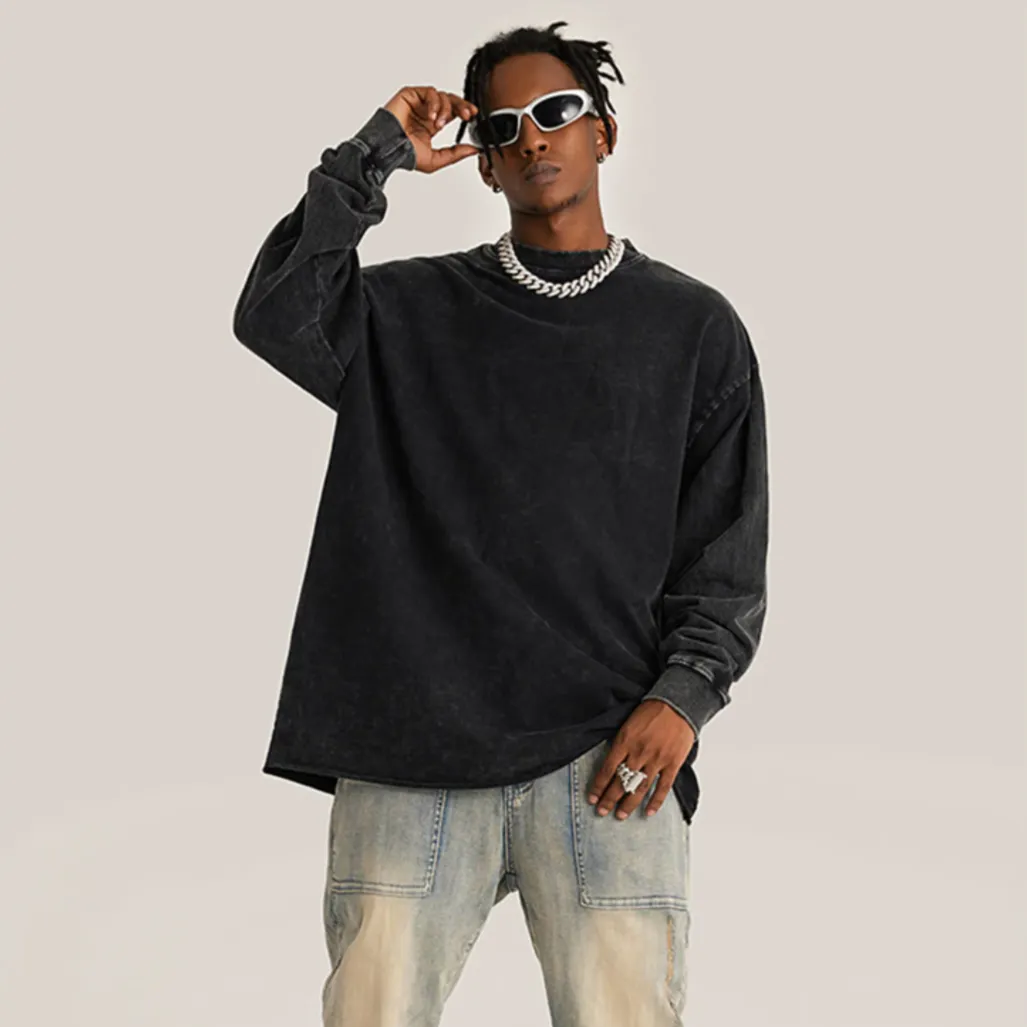 "DLVD" T-shirt Manches longues Molletonné Délavé Noir - URB1™